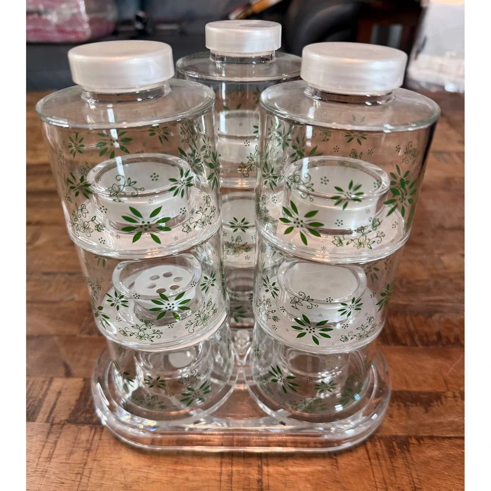 Temptations Rotating Spice Rack 9 Stackable Jars Green Floral Clear Acrylic